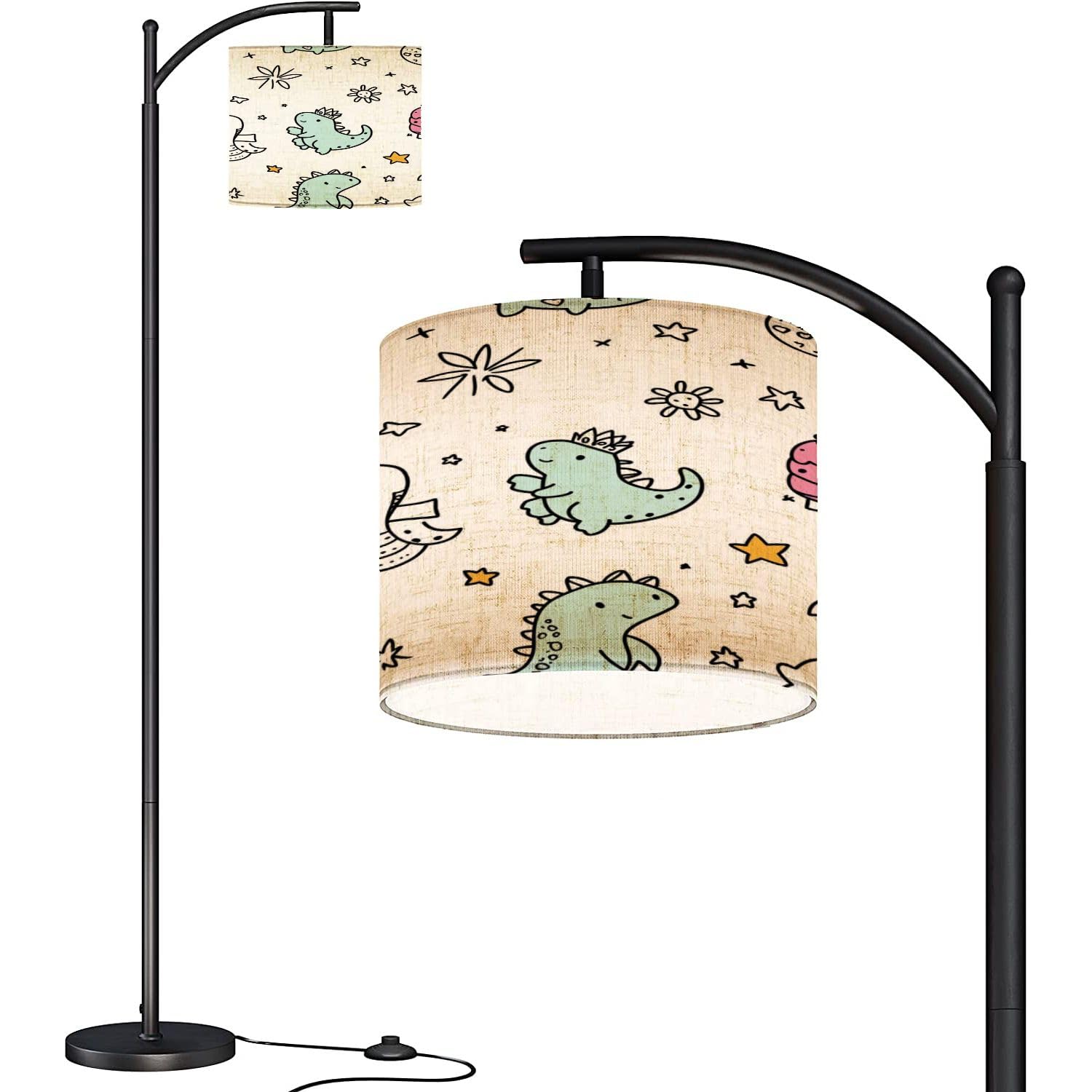 Arc Floor Lamp, Modern Funny cute girls dinosaurs Seamless pattern Coloring Kawaii baby dino Standing Lamp with Adjustable Hanging Linen Shade Foot Switch for Living Room Bedroom Study Room Office
