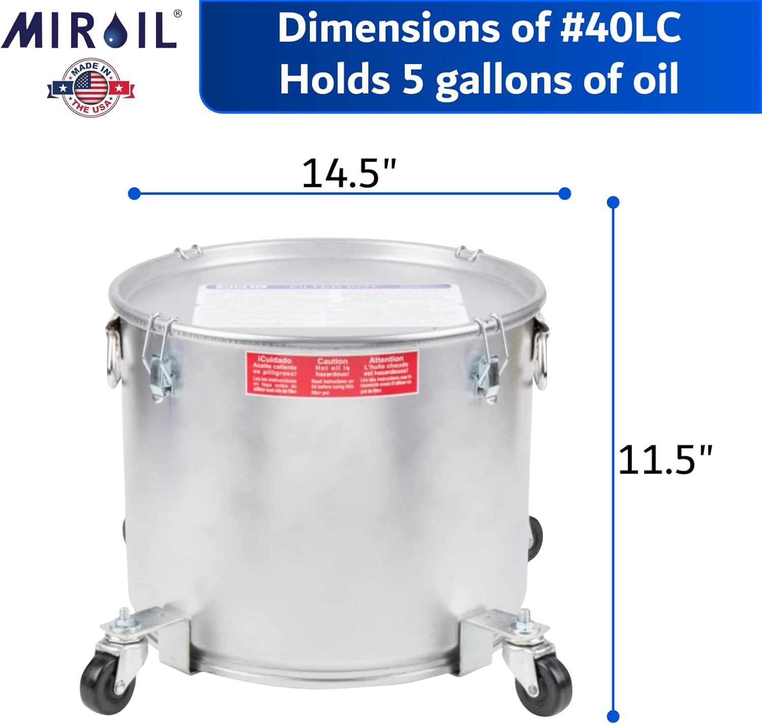 MirOil 5 Gallon Oil Disposal Caddy with Caster Wheels, USA Made Deep Fryer Grease Bucket Pot with Lid Lock &Lock Clips, 35lb Frying Oil Disposal Storage Container, Filtering Hot Cooking Grease - #40LC
