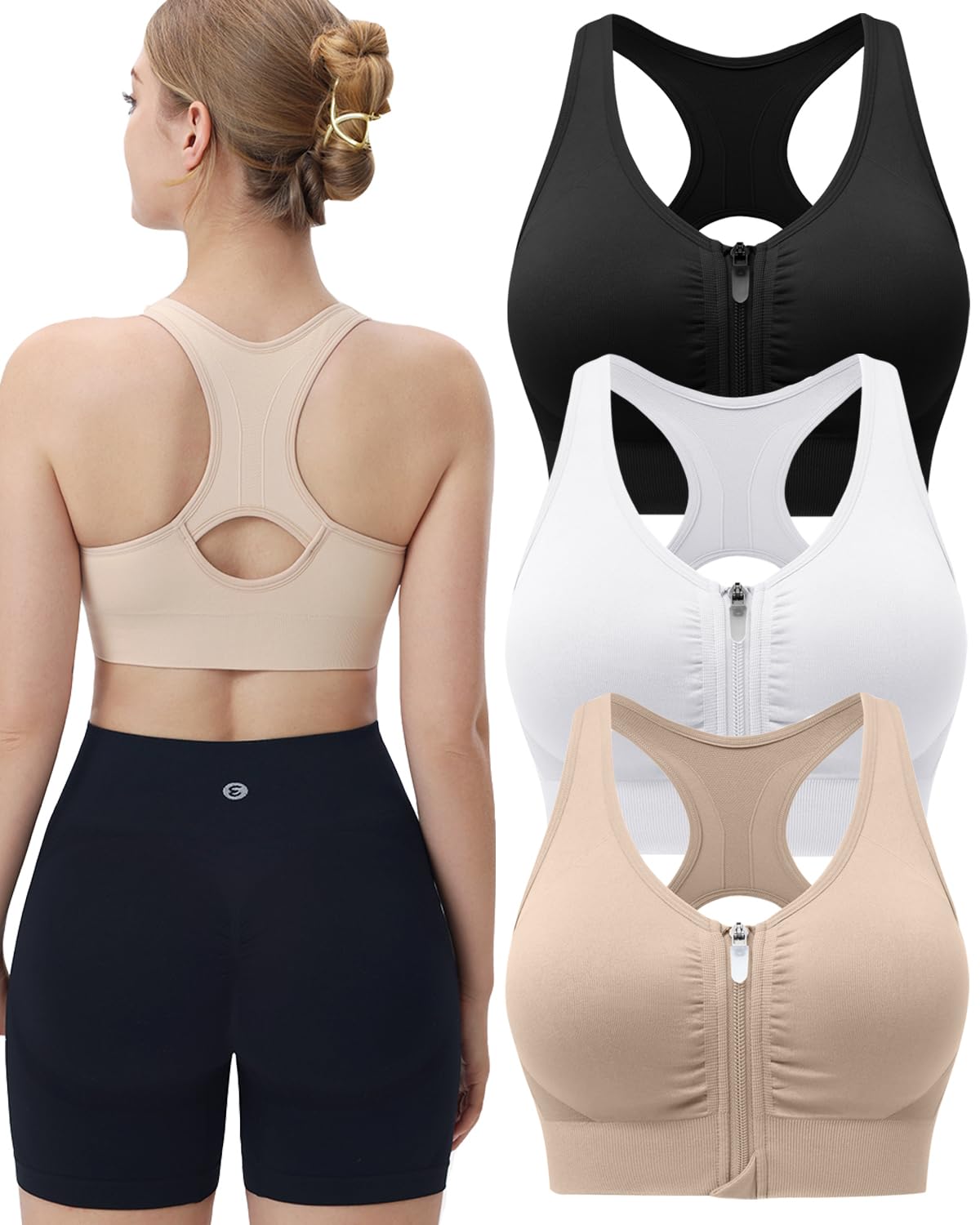 Evercute Women's Zip Front Sports Bras Wireless Padded Racerback Medium Support