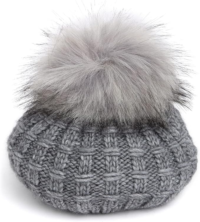 Women's Faux Fur Pompom Knit Beret Beanie One Size