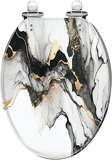 Elongated Toilet Seat Luxury Black Gold Abstract Fluid Art Painting Resin Toilet Seat with Quietly Close Quick Release Hinges Decorative Toilet Seat with Cover Easy to Clean and Install