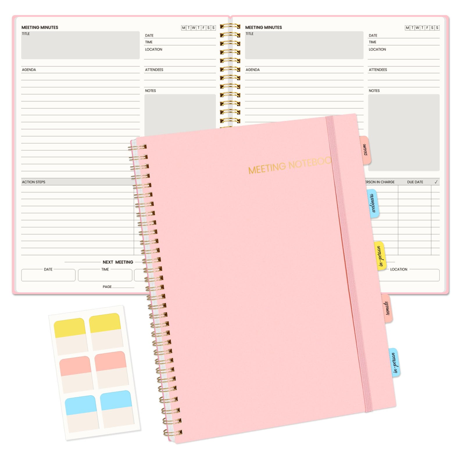 SUNEE Quaderno per riunioni per lavoro con oggetti di azione, 240 pagine, formato A4, agenda per riunioni, agenda e minuti per donne, uomini, appunti, ufficio, ufficio, affari, 21,5 x 28,9 cm, rosa