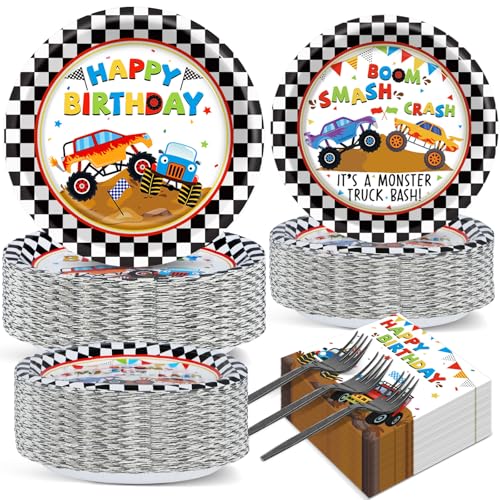 200PCS Monster Truck Party Supplies Monster Truck Plates and Napkins Car Birthday Party Tableware Dinnerware Set Decorations for Kids Boys Black and White Checked Theme Birthday Supplies Serves 50