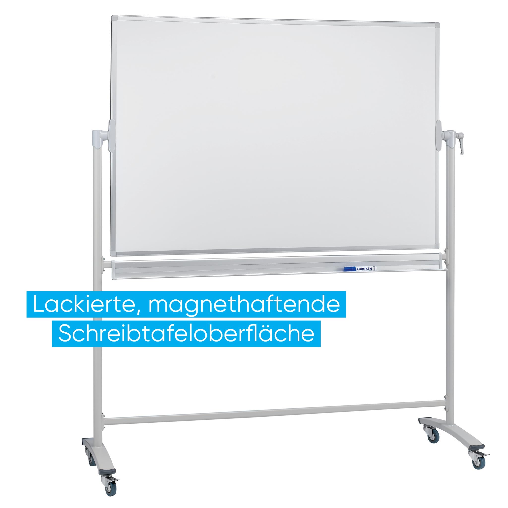 FRANKEN Mobiles Whiteboard, doppelseitig, lackiert, magnetisch, beschreibbar, trocken abwischbar, Whiteboard mit Ständer und Rollen, mit Metallgestell und schwenkbarem Rahmen, 150 x 100 cm, STC202