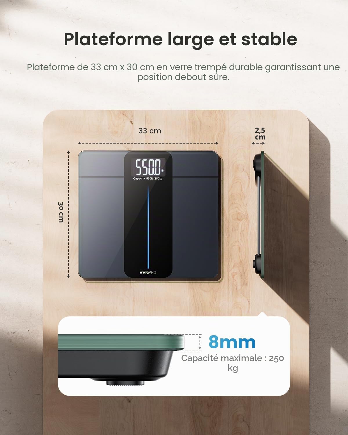 RENPHO Pese Personnes 250kg, Balance Pese Personne à très grande capacité, Pese-personne à Grande Plateforme avec grand écran LED, très précis à 0.05kg, 33x30cm, Core 1L