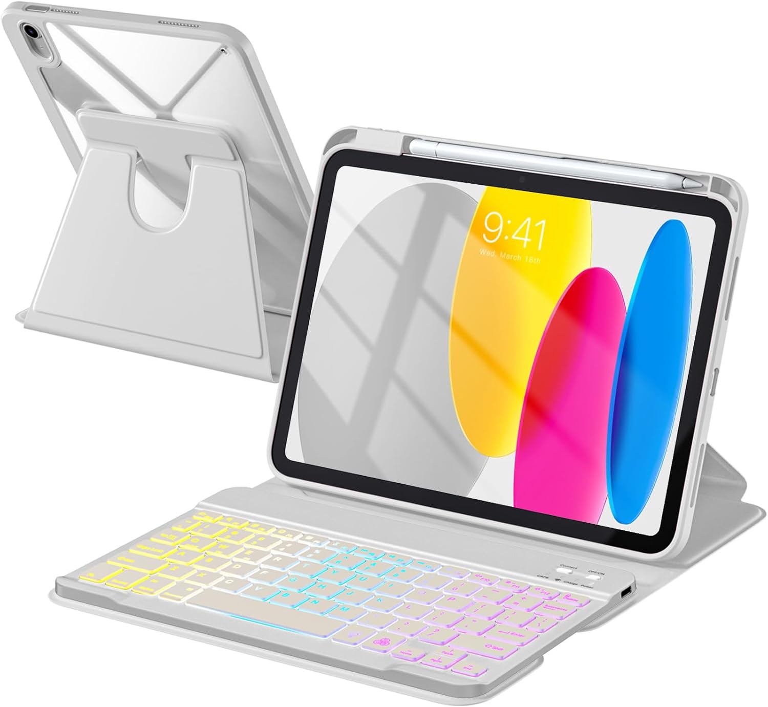 Compatible with iPad 11th 10th Generation Case with Keyboard - Detachable Wireless Keyboard Case for iPad A16 11-inch 2025 & 10.9-inch 2022, 7 Colors Backlit & 360° Rotatable Cover, LightGray