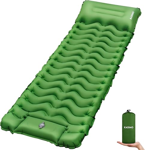 KASIMO Colchoneta de dormir para camping, ultraligera con almohada con bomba de pie incorporada, almohadillas inflables compactas para acampar,