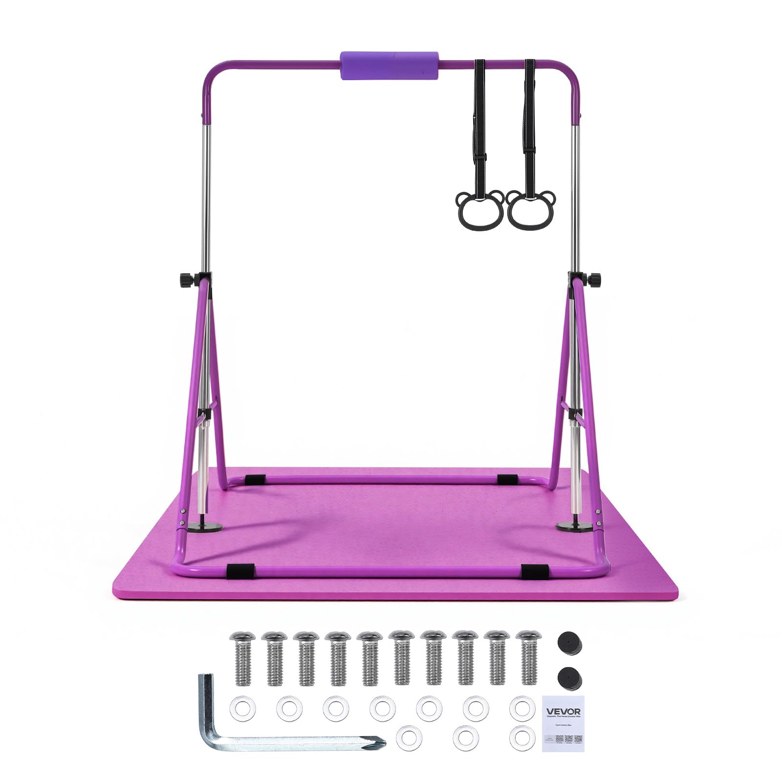 VEVOR Barra da Ginnastica per Bambini, Barra da Ginnastica Carico 63,5 kg Struttura Pieghevole con Tappetino Altezza Regolabile Allenamento Esercizio a Casa, Acciaio al Carbonio Nylon, Colore Viola