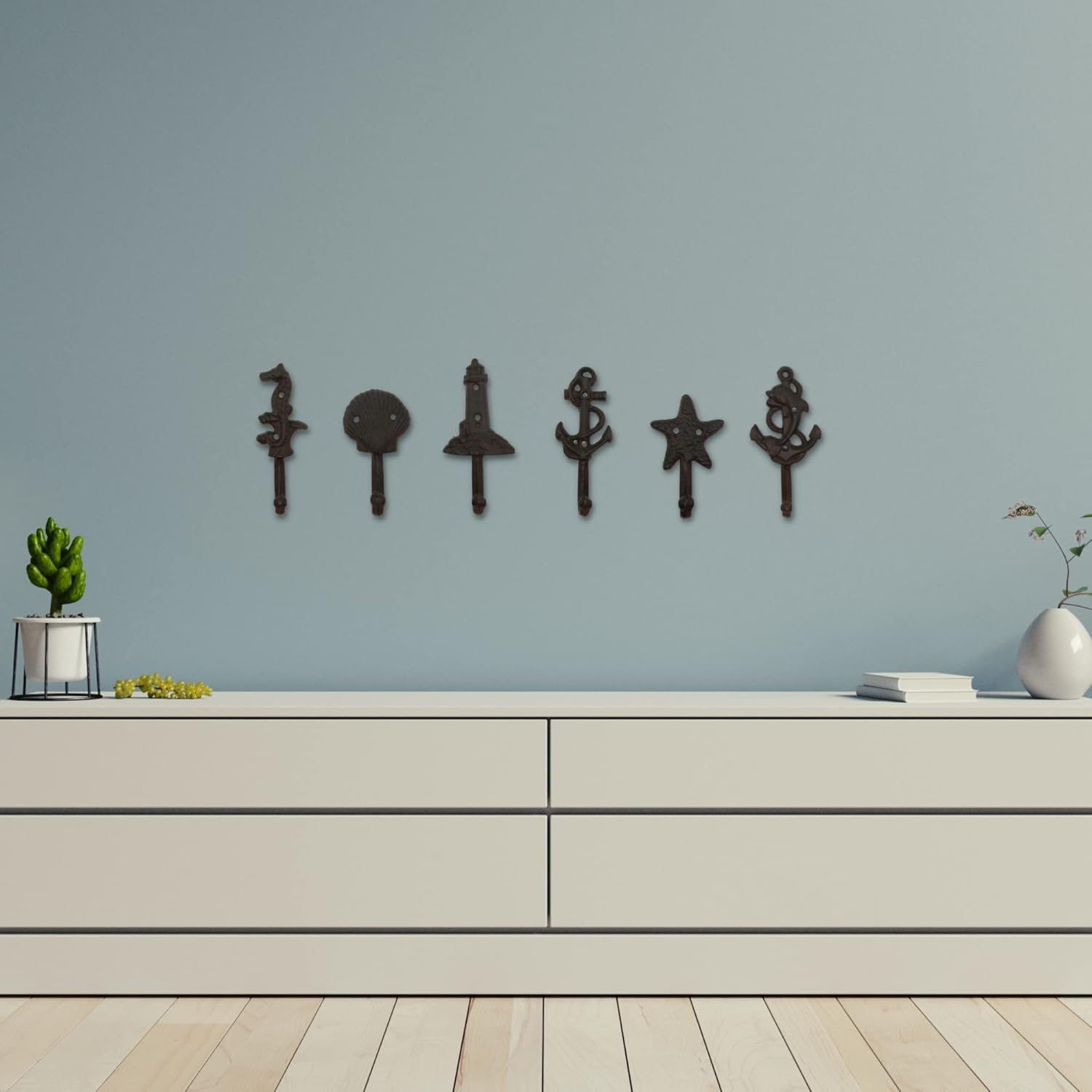 Needzo Cast Iron Nautical Hanging Hooks, Six Pack Mounted Wall Accessories for Bathroom Towels, Coats, Robes, Keys, and More, Vary from 4.5 to 6 Inches