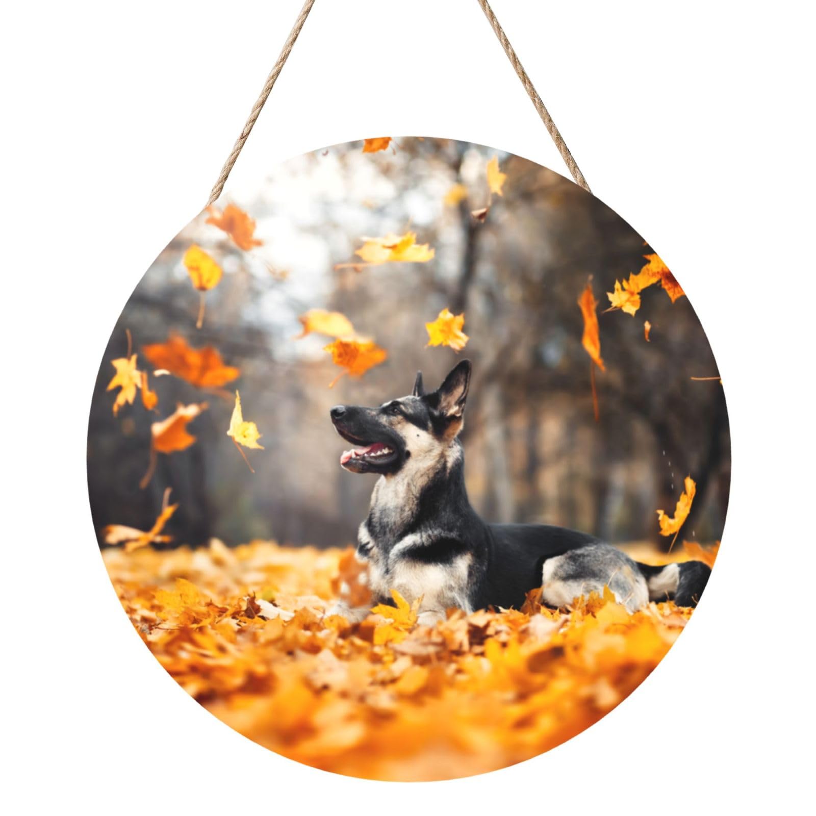 InOmak German Shepherd And Falling Leaves, Round Wood Panel Painting 12 in, Wall Hanging Painting For Home