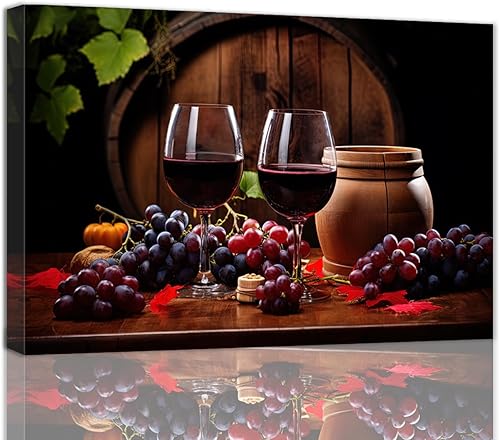 QIXIANG Cuadro de vino tinto para decoración de pared, diseño de barril de madera de uva, vino, impresiones en lienzo para decoración de