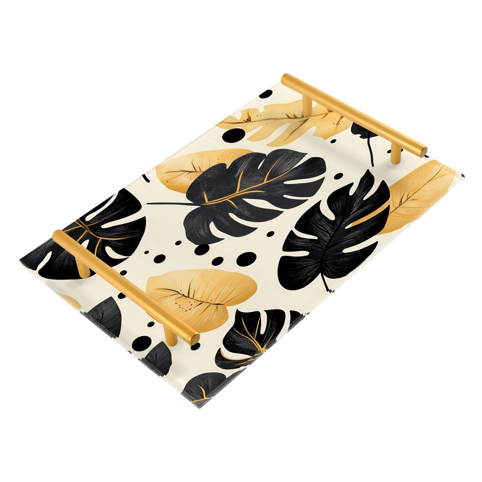GUIJI Dark Tropical Leaf Acrylic Tray, Perfume Cosmetic Jewelry Decorative Trays Bathtub Organizer, Living Room Kitchen Serving Tray with Gold Handles