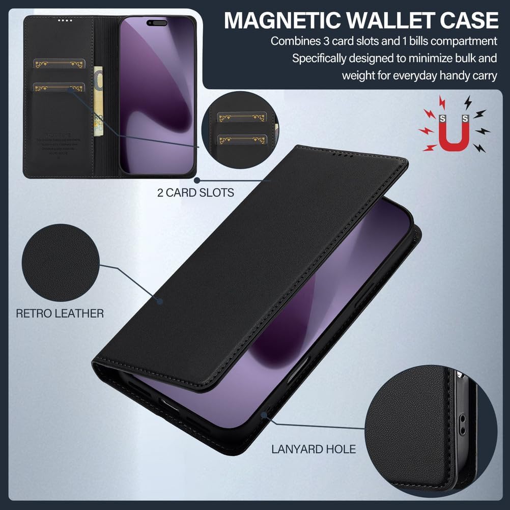 Flip Folio Case for iPhone 17 Pro Max/17 Pro/17 Air/17,All-Inclusive Protection Wallet Business Style Phone Case Leather All-Round Protection Anti-Fingerprint Cover(Black,17 Pro)