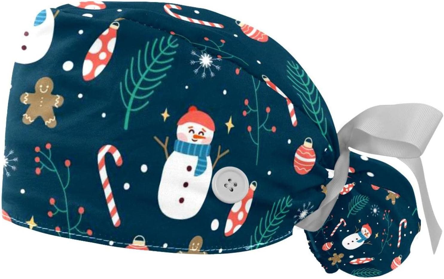 FFLOWER 2 Pcs Working Cap with Buttons Sweatband Blue Red Christmas Pattern Ribbon Tie Back Bouffant Hats