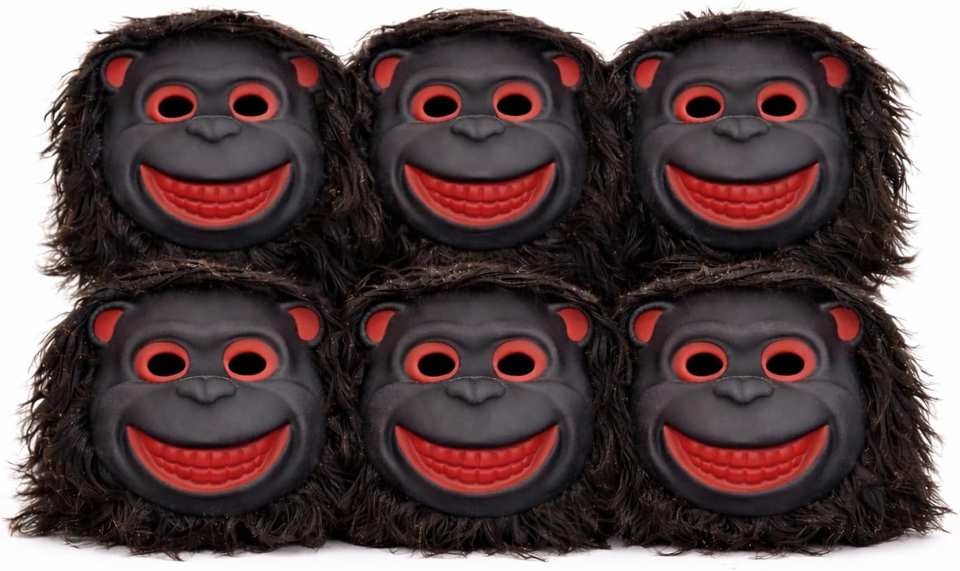 Gorilla and Monkey Mask Combo, Black with Red Details, Soft Latex Material, 6 Pack, Halloween Birthday Party Costume Accessory
