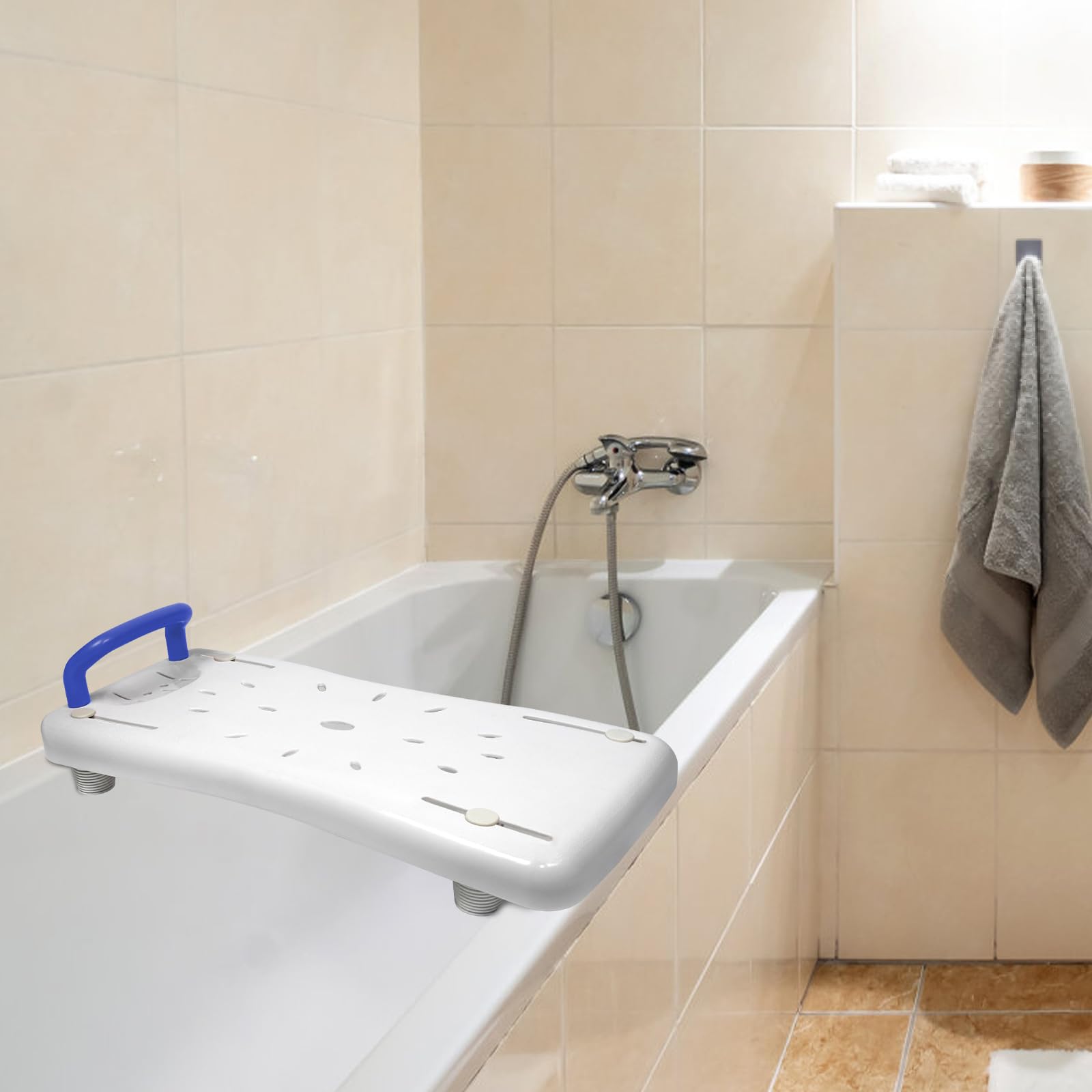 LARS360 Badewannenbrett Badewannensitz Senioren Erwachsene Einstellbar Wannenbrett zum Sitzen Brett für Badewanne Sitzbrett Stuhl für Badezimmer Max 150 kg mit Blau Griff, Weiß
