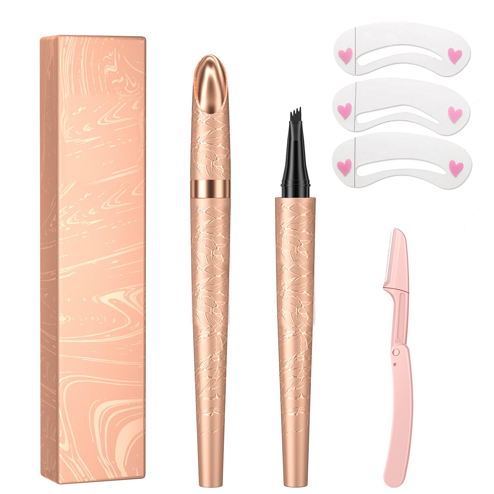 DHWEKU Lápiz de cejas Marrón claro de microblading líquido: resistente al agua, de larga duración, natural, con punta de horquilla de 4 puntos, con 3 pegatinas para cejas y 1 recortador de cejas