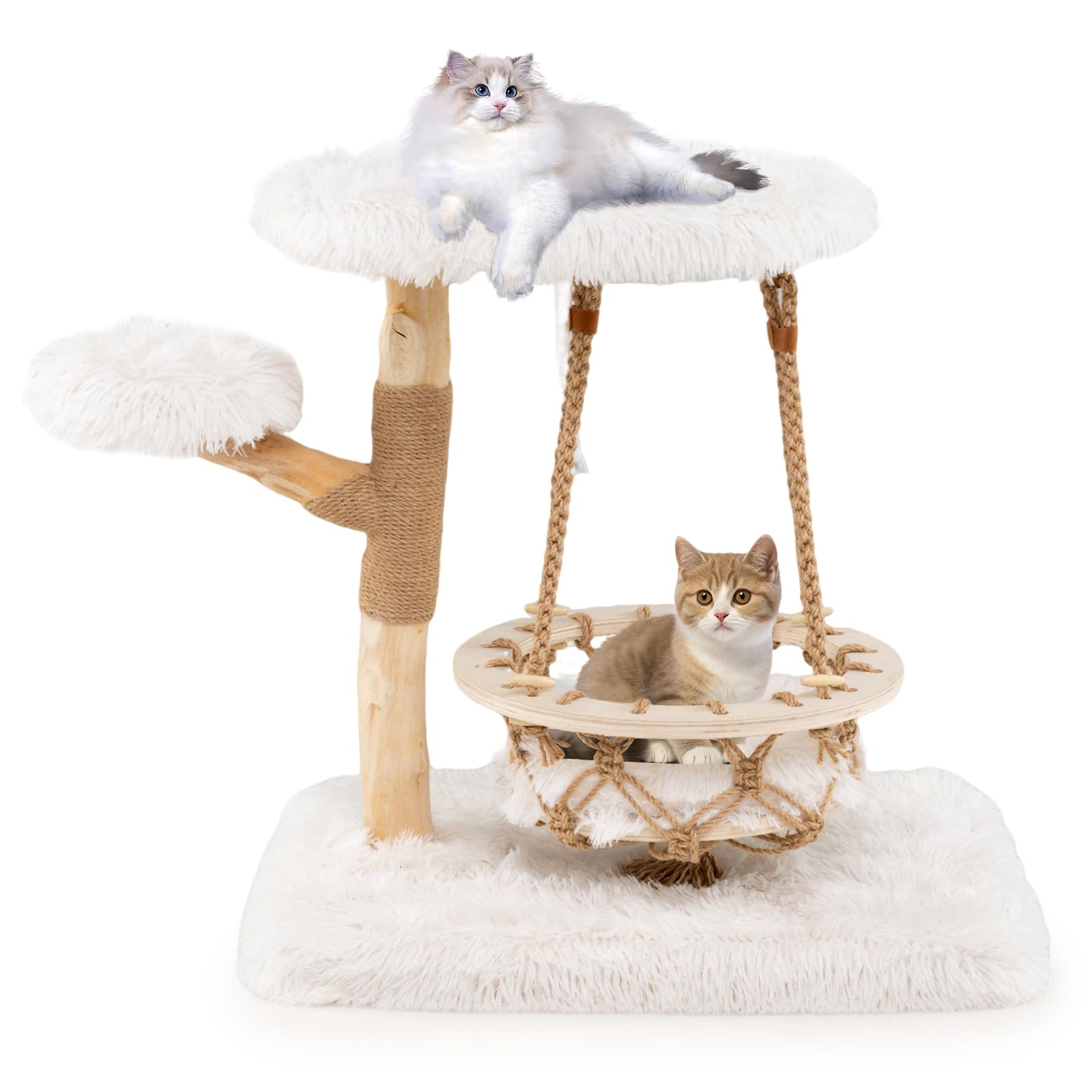 COSTWAY Modern Cat Tree, Cats Tower with Hammock Swing, Real Wood Branches, Jute Scratching Posts, 2 Perches, Kitty Activity Center for Indoor Cats (64 x 44 x 66cm)
