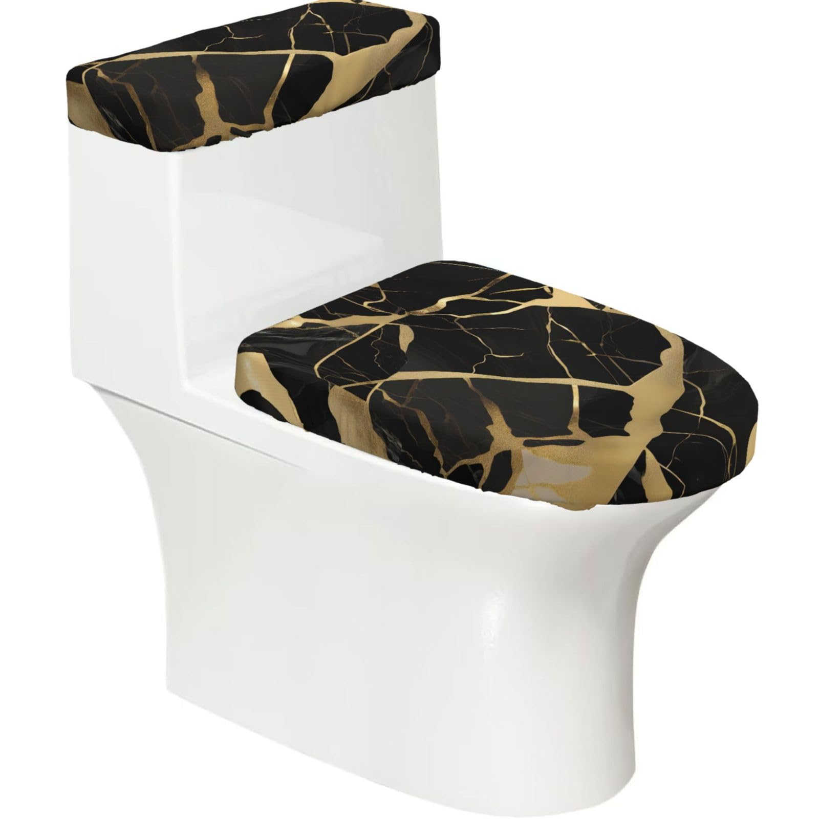 Black Marble Texture Gold Printed Toilet Tank and Lid Cover Set of 2 for Most Bathrooms, Fits Elongated Round Toilets