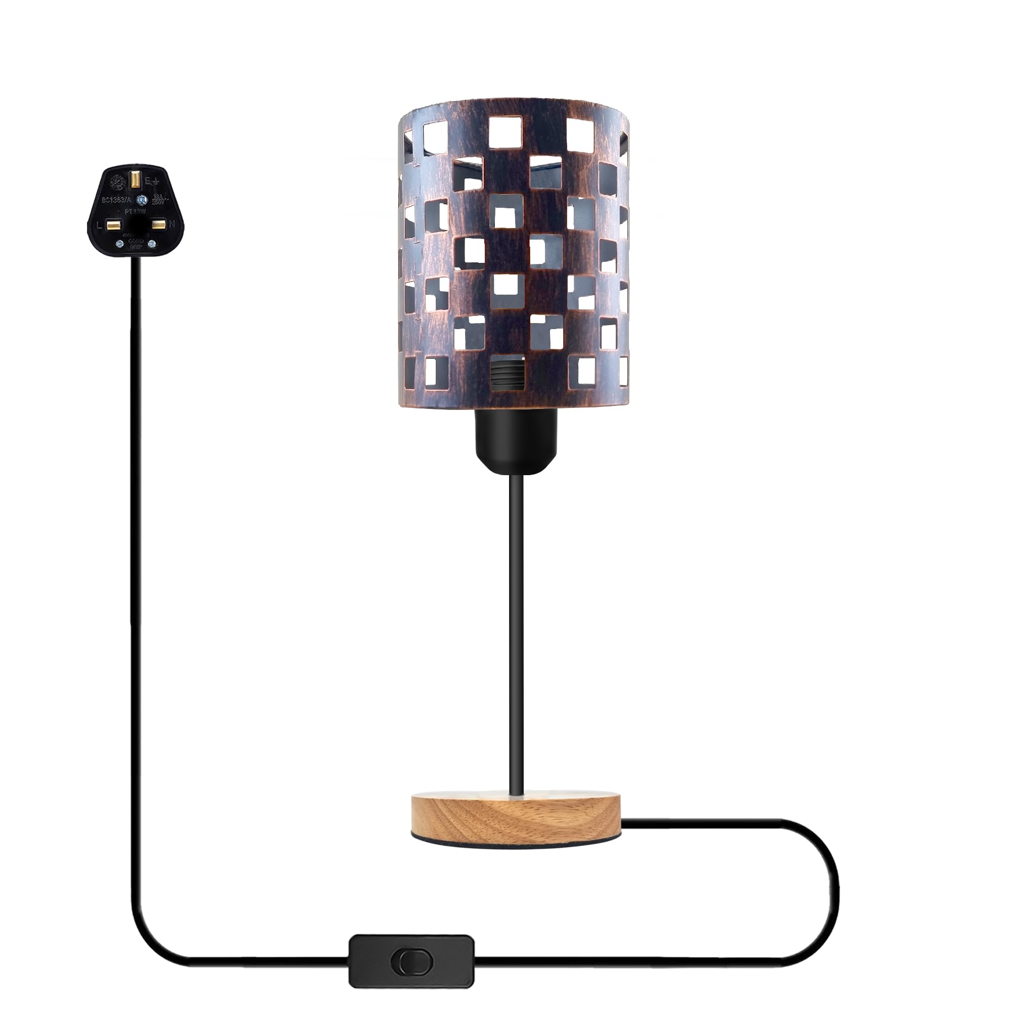 Wooden Stand Bedside Table Lamp Modern Round Nightstand Lamp with Solid Wood Desk Metal Barrel Cage With 3 Pin Plugin On/Off Switch Control Lamp for Bedroom without bulb (Style 1 - Brushed Copper)