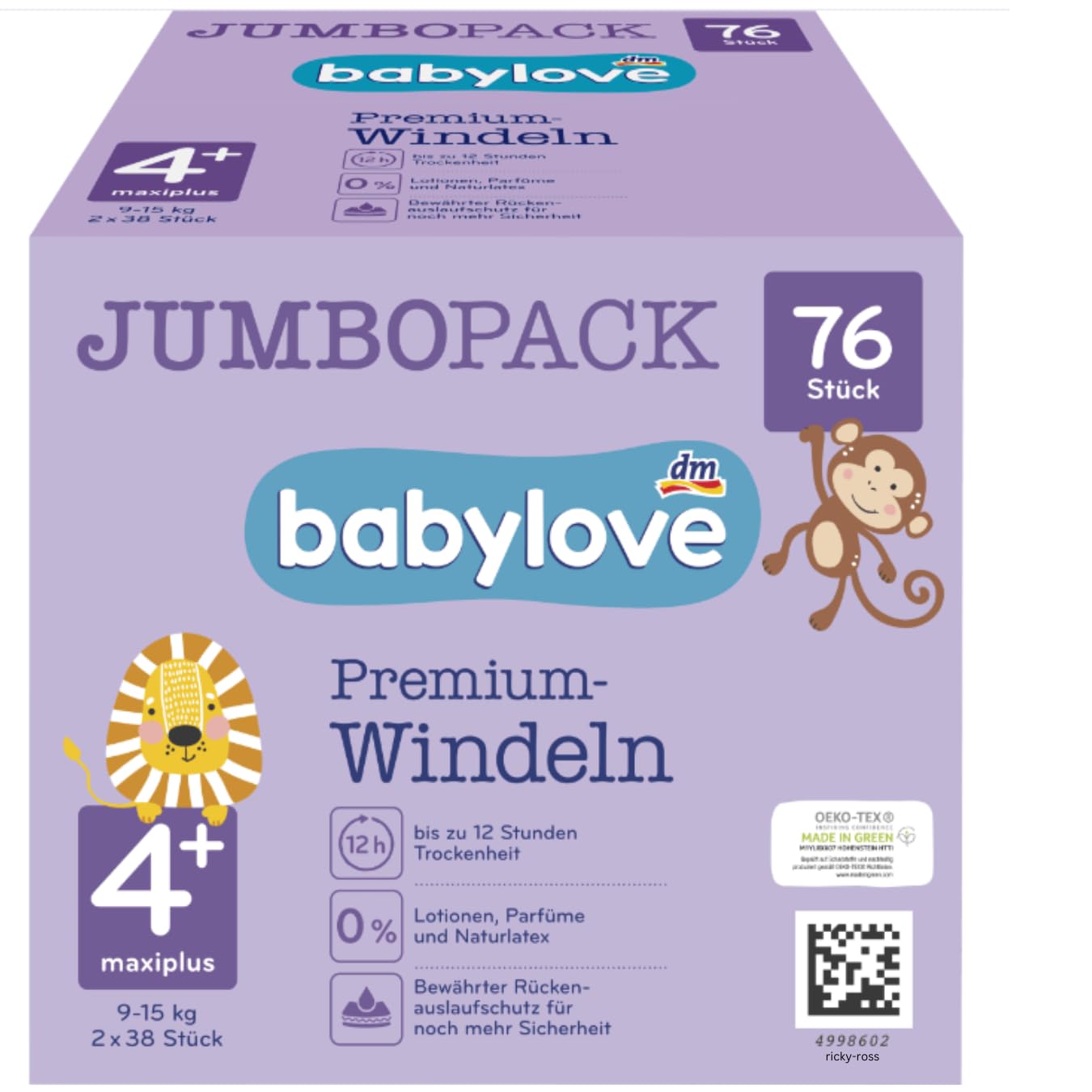 babylove Windeln Premium aktiv plus Größe 4+, maxiplus 9-20kg, Jumbo Pack 2x38 Stück, 76 St