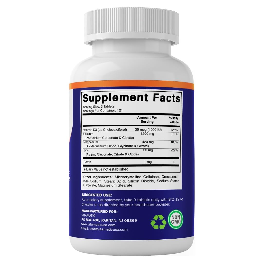 Vitamatic Calcium Magnesium Zinc D3 Boron | 365 Coated Tablets Supplement | Calcium 1200 mg, Magnesium 420mg, Zinc 25mg, Vitamin D3 1000 IU, Boron 1 mg | Non-GMO | Gluten Free | Made in USA — Amazon image 8