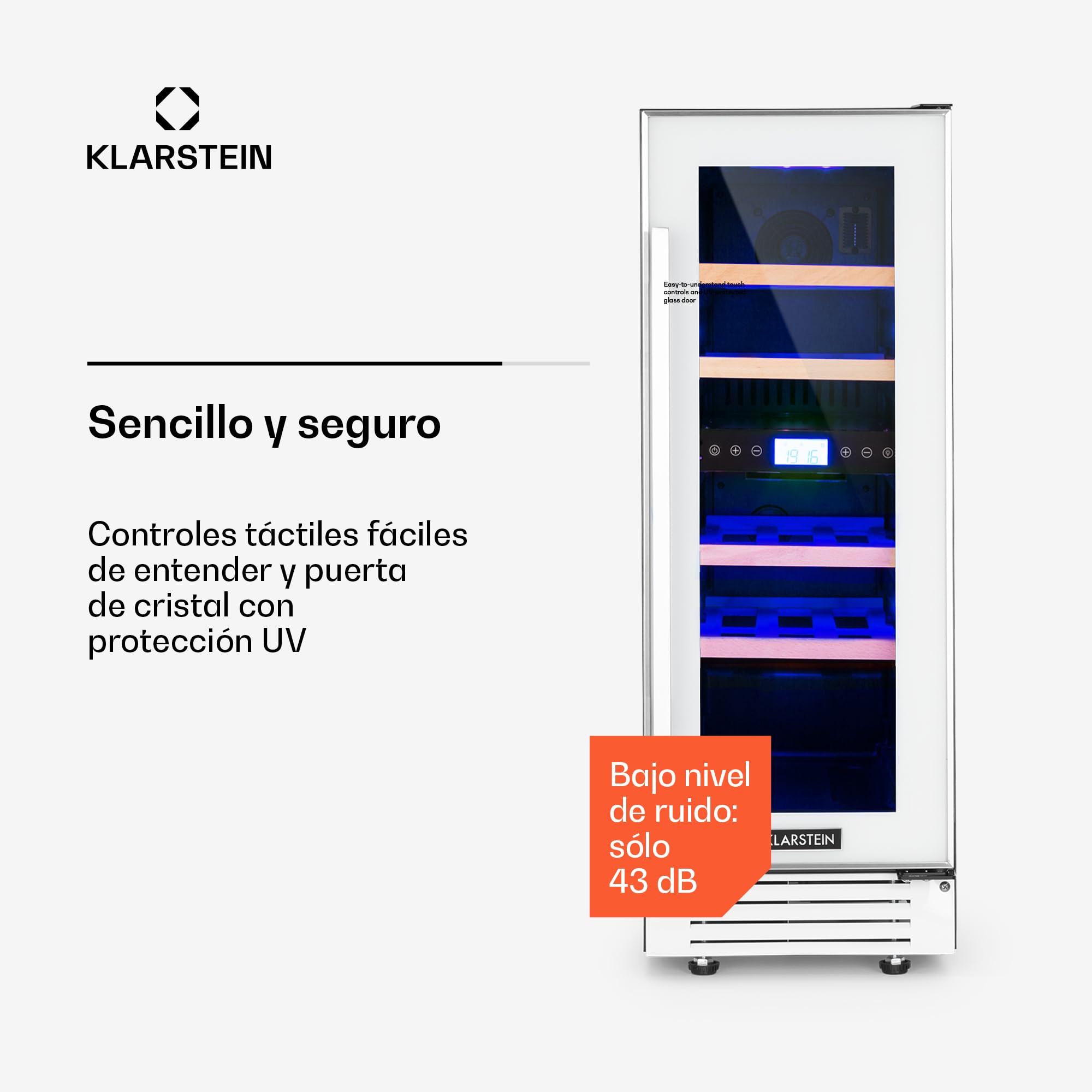 KLARSTEIN Vinoteca, Nevera para Vinos con 2 Zonas Refrigeración, Botellero Puerta Cristal para Vino, Proseco, Expositor Interior y Exterior, Panel Táctil, 53 L., Vinoteca Capacidad 17 Botellas — view 6
