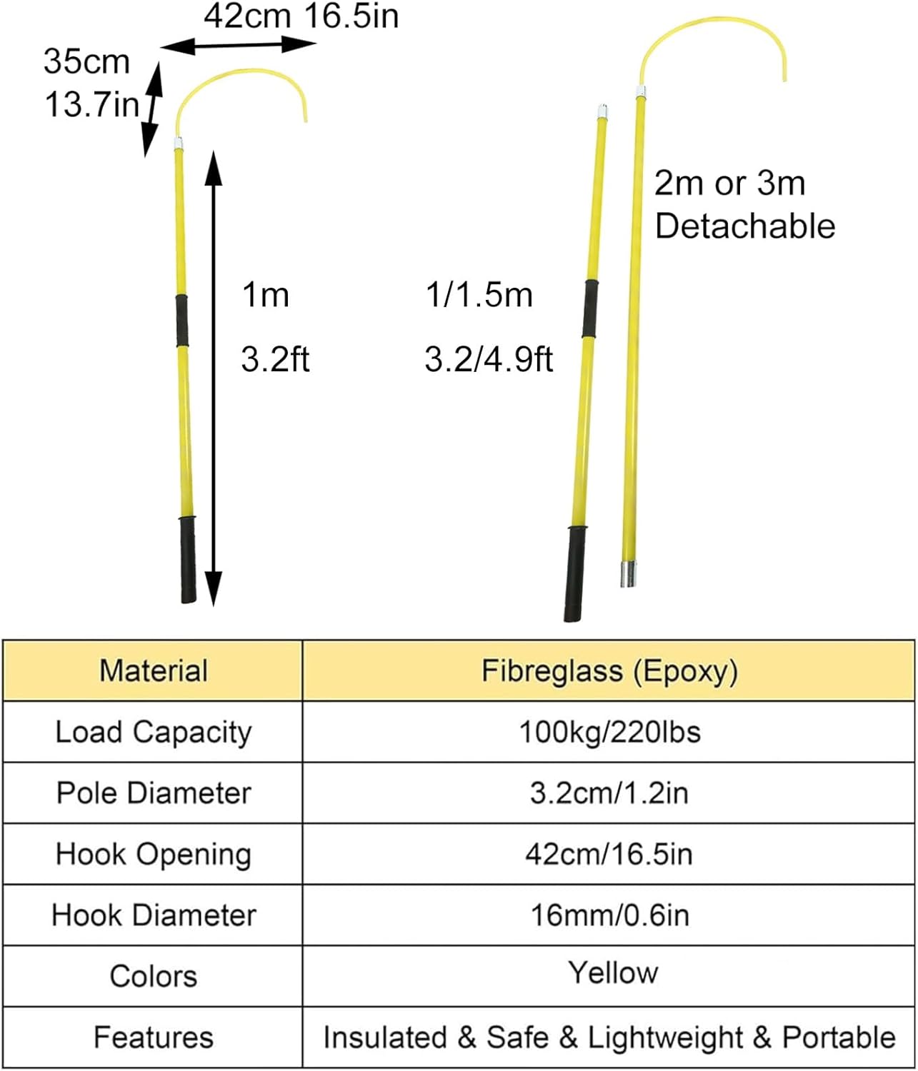 Electrical Safety Rescue Hook, Fiberglass Detachable High Voltage Insulated Steel Rescue Hook Pole 1-3m, 3.2-9.8ft(1m/3.2ft)