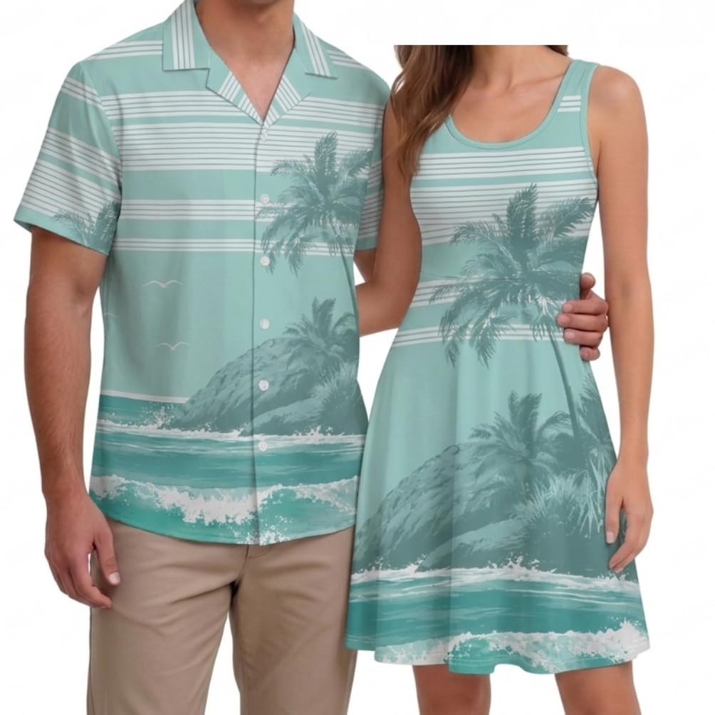 Hawaii Matching Couple Outfits Husband and Wife Clothing Fashionable Mens Casual Shirts Hawaii Dress with Soft Fabric