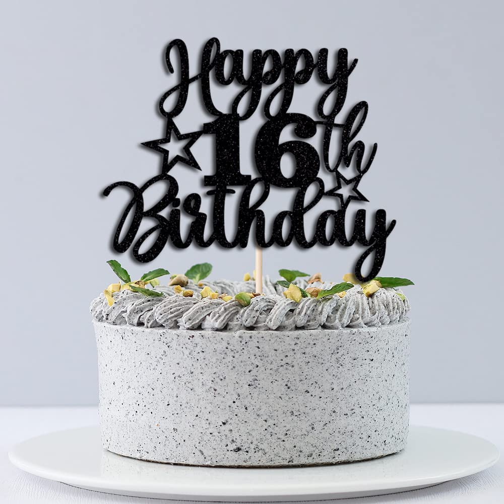 Tortenaufsatz Zum 16. Geburtstag – Lizenziert, Mit Glitzer, Aufschrift „Cheers To 16 Years“, Schwarz