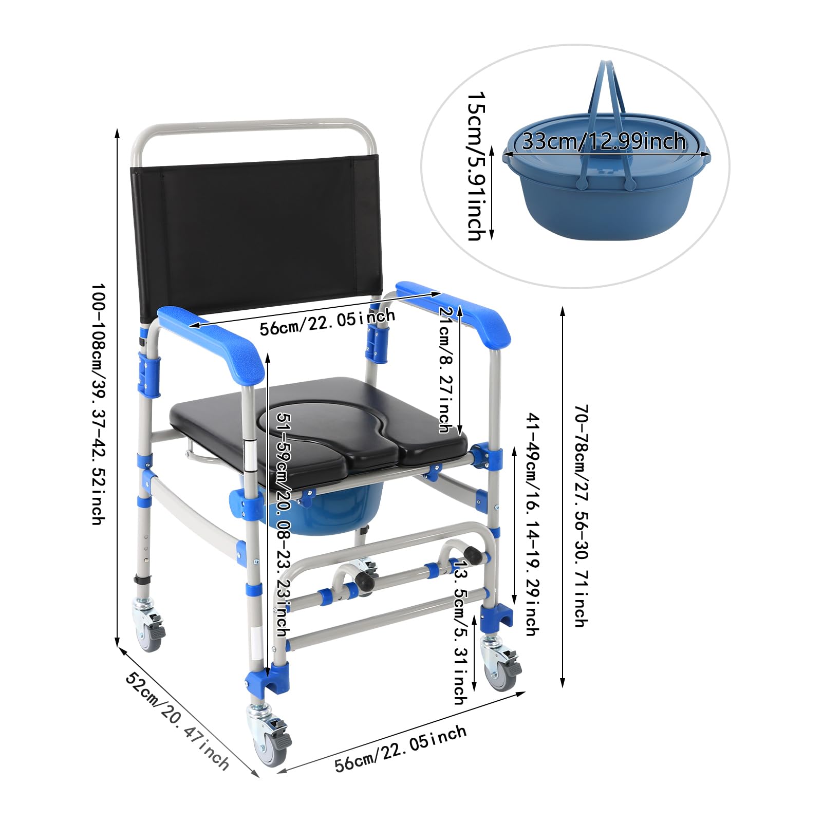 Silla de inodoro para personas mayores, plegable con ruedas, capacidad de carga de 125 kg y 4 ruedas de freno, altura ajustable (41-49 cm), para personas mayores y personas con movilidad reducida