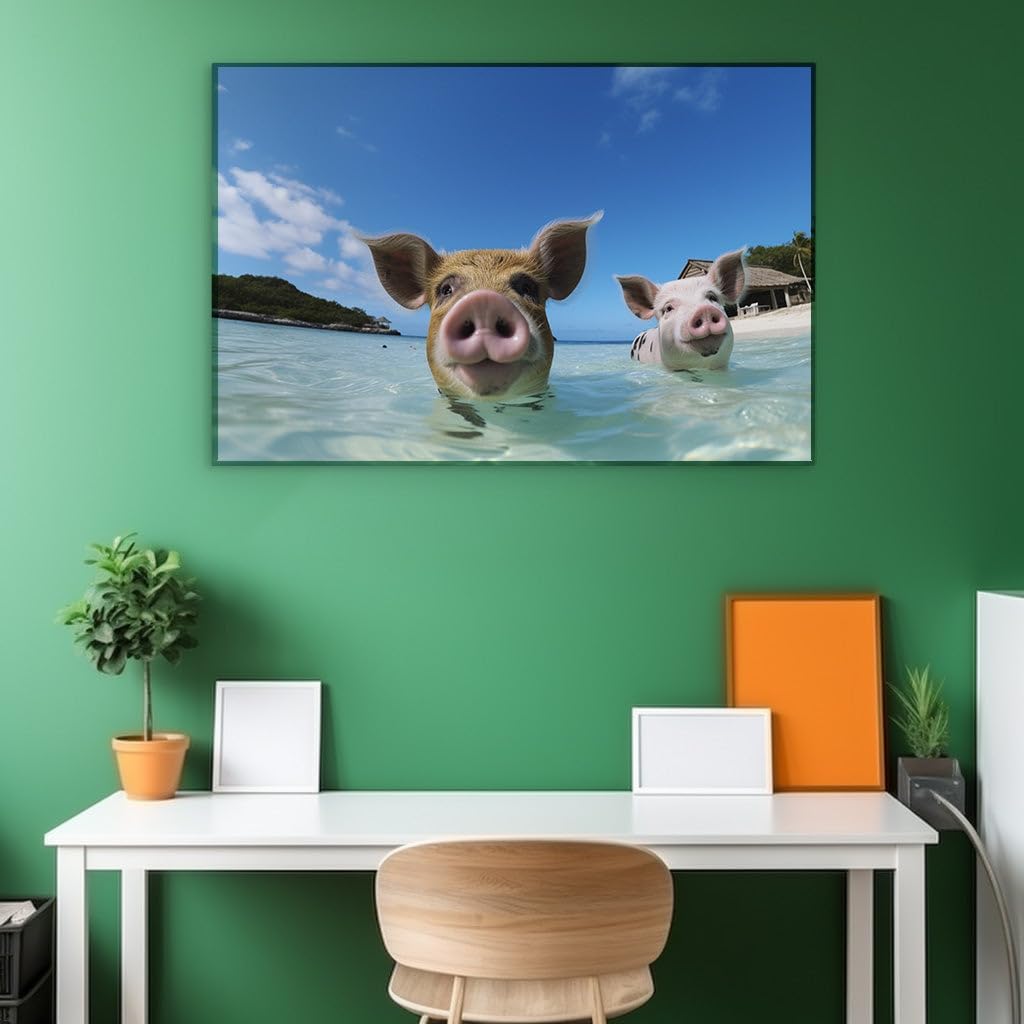 Canvas for Living room. Swimming Snouts: Pigs Take to the Sea in Idyllic Coastal Escape, 27 x 18 inch Canvas Wall Art - Modern Home Decor
