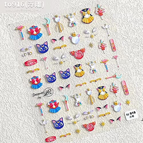 New Cartoon Anime Nail Art Sticker Decals Children Princess Anime Moon Hare Nail Art Sticker 5D Embossed(2 Sheets) + 3D Diamond Nail Art Accessories For Nail Art Decoration(4 Pcs) #TOP2
