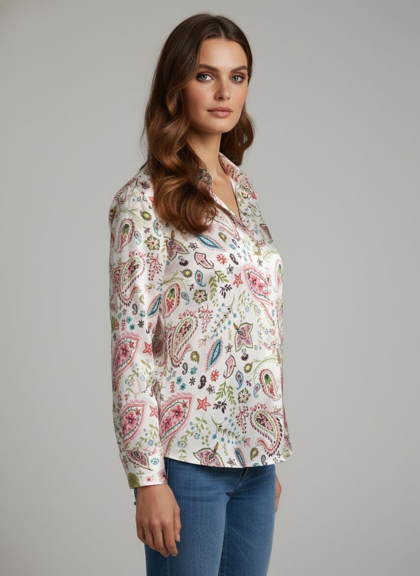 ANNI Designer Bedrucktes Damenhemd aus Baumwollmischgewebe, langärmelig, normale Passform, Kragen, legere Bürokleidung, elegante Western-Kleidung für den Alltag, Hochzeit, Party