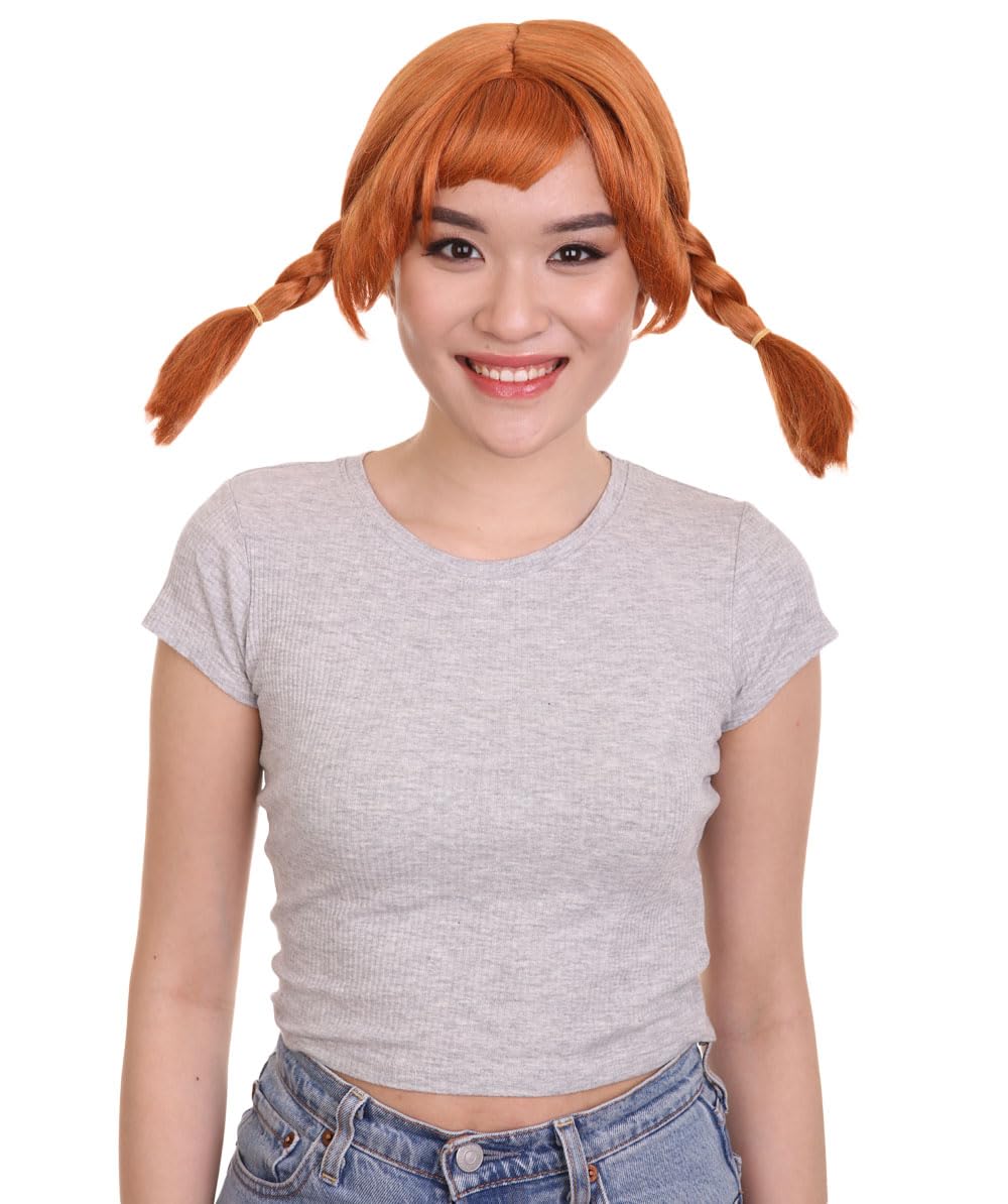 HPO Adult Women's Blonde Braided Pigtail Wig for Cosplay with Bangs, Best for Halloween, Flame-retardant Synthetic Fiber