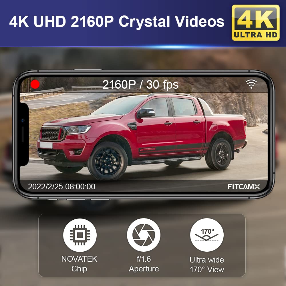 Fitcamx Dash CAM Adecuado para Ford Ranger 2019-2023 Y European Model 2020-2023, 4K Cámara de Coche WiFi 2160P Video, Night Vision, G-Sensor, Enregistrement en Boucle, Plug & Play, Tarjeta de 64GB