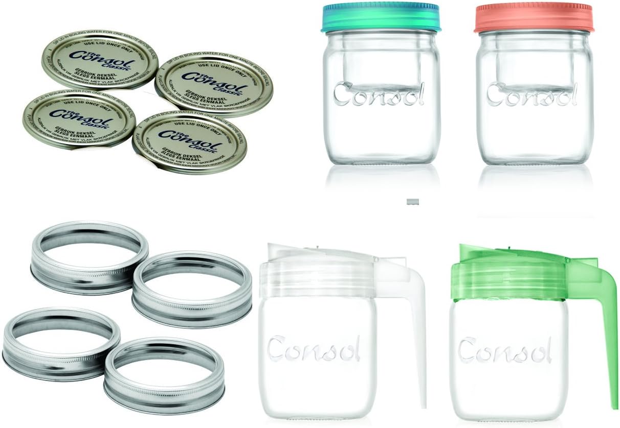 Multipurpose 17 oz Glass Mason Jar Set. 4pc Set Comes With Standard Wide Mouth Dome Ring Lids, 2 Non Drip Pouring Lids & 2 Jar in a Jar Lids that Includes Smaller Glass Salad Dressing Container (17oz)