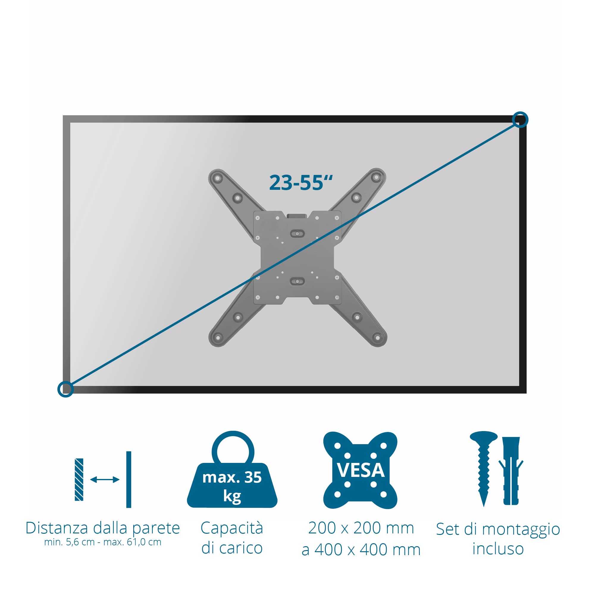Xantron® PRO-FM400 Supporto TV girevole, inclinabile/Supporto TV parete 23-55 pollici/Staffa TV slim/Braccio TV con distanza dalla parete ultrapiatta - incl. materiale di montaggio