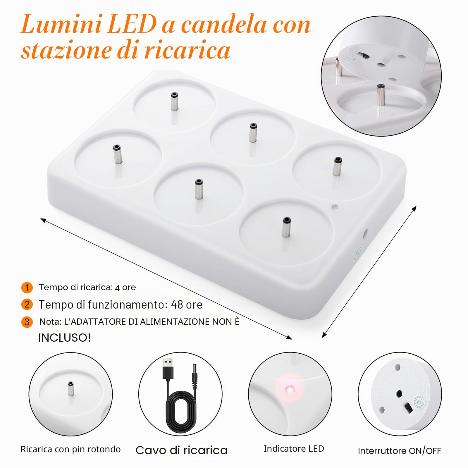 EXTSUD Set di 6 Candele Riscaldatore LED Ricaricabile Candela LED Fiamma Tremolante con Stazione di Ricarica e Telecomando, Decorazione per Natale Compleanno Matrimonio Cena Ristorante Hotel