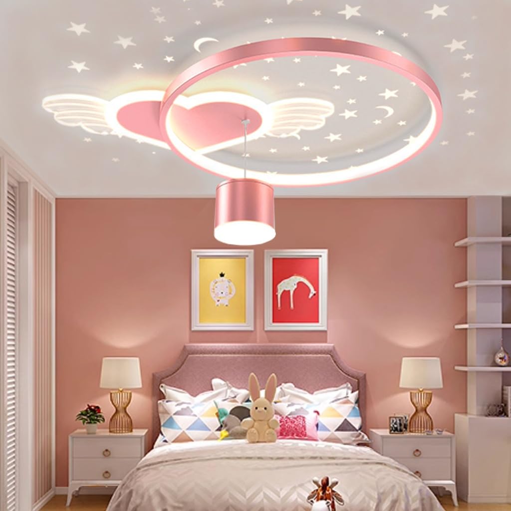 LED-Dachstoffleuchte 45W Angel Wing Heart Form Moderne Kronleuchter Unbegrenzte Dimmung 3000K-6500K Mit Fernbedienung Rosa Licht Für Schlafzimmer Restaurant Kinderzimmer