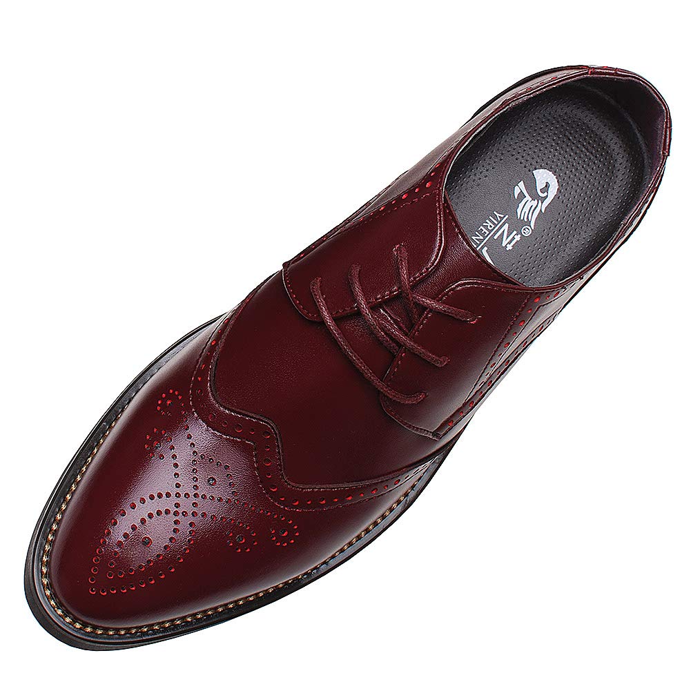 ANUFERMen's Smart Pointed-Toe Dress Shoes Lace-up Formal Business Wedding Brogues, Burgundy, 43.5 EU