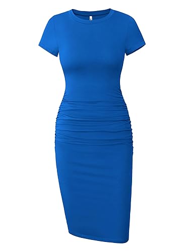 Women's Short Sleeve Ruched Casual Sundress Midi Bodycon T Shirt