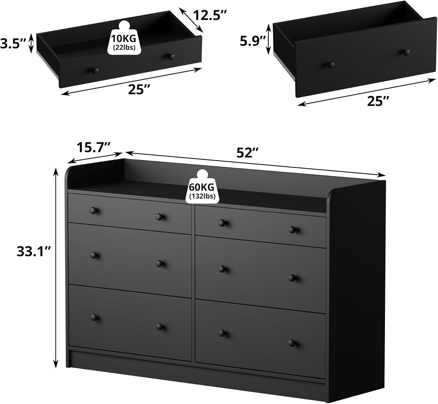 Image showing a baby on a changing pad on the dresser's tabletop, highlighting the 3.6 inch high rails and 52 inch extra wide tabletop with round corner design.