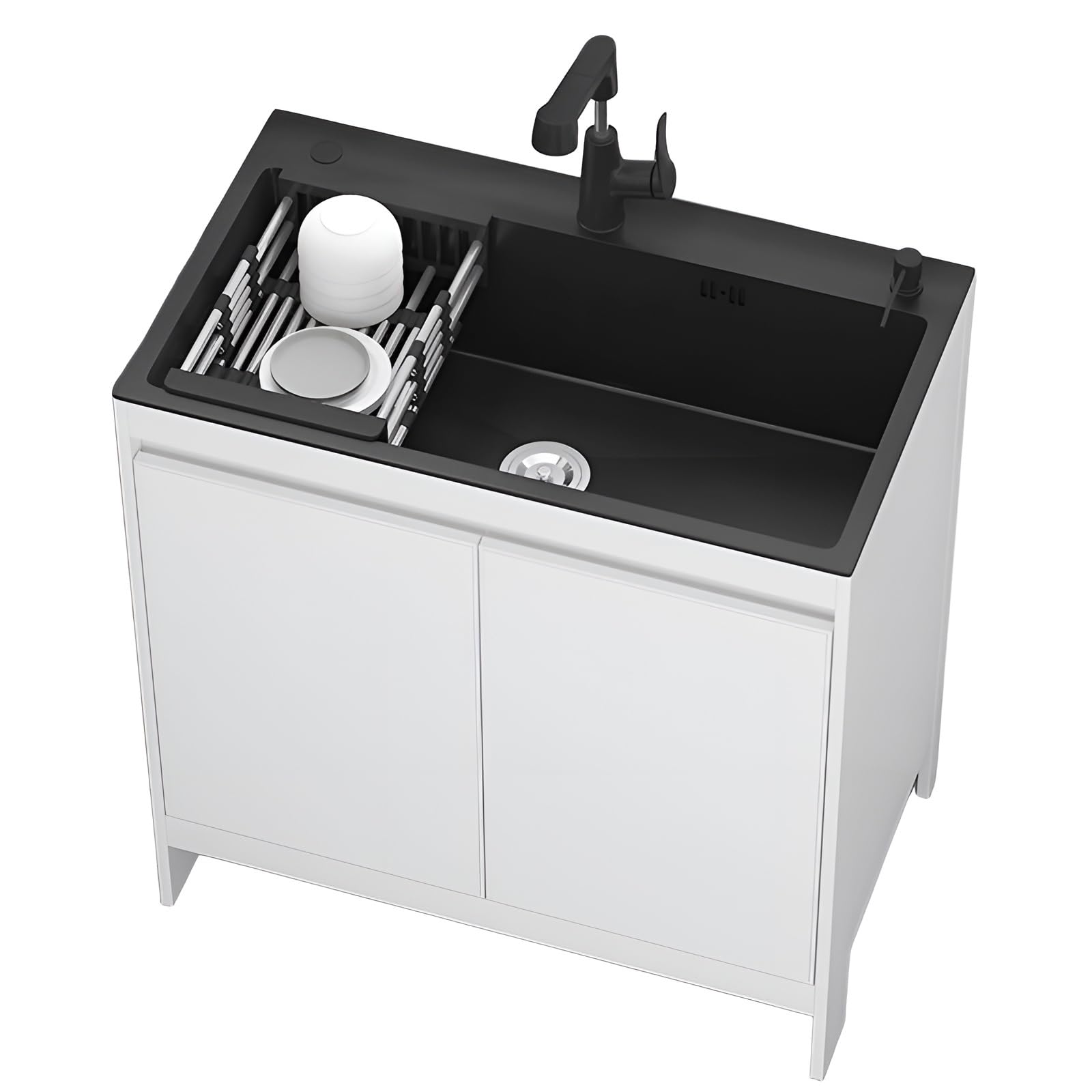 Évier de buanderie en inox avec meuble de rangement et robinet haute cuve