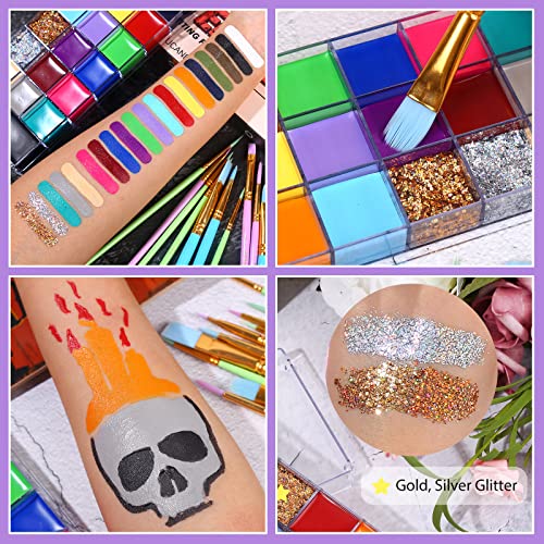 Ucanbe 20 Color Face Body Paint Oil Set Kit With 10Pcs Paint Brushes, Super Big Black & White Pan+ Gold Silver Glitter, Face Painting Makeup Palette For Art Theater Halloween Parties Cosplay (Set B) #TOP2