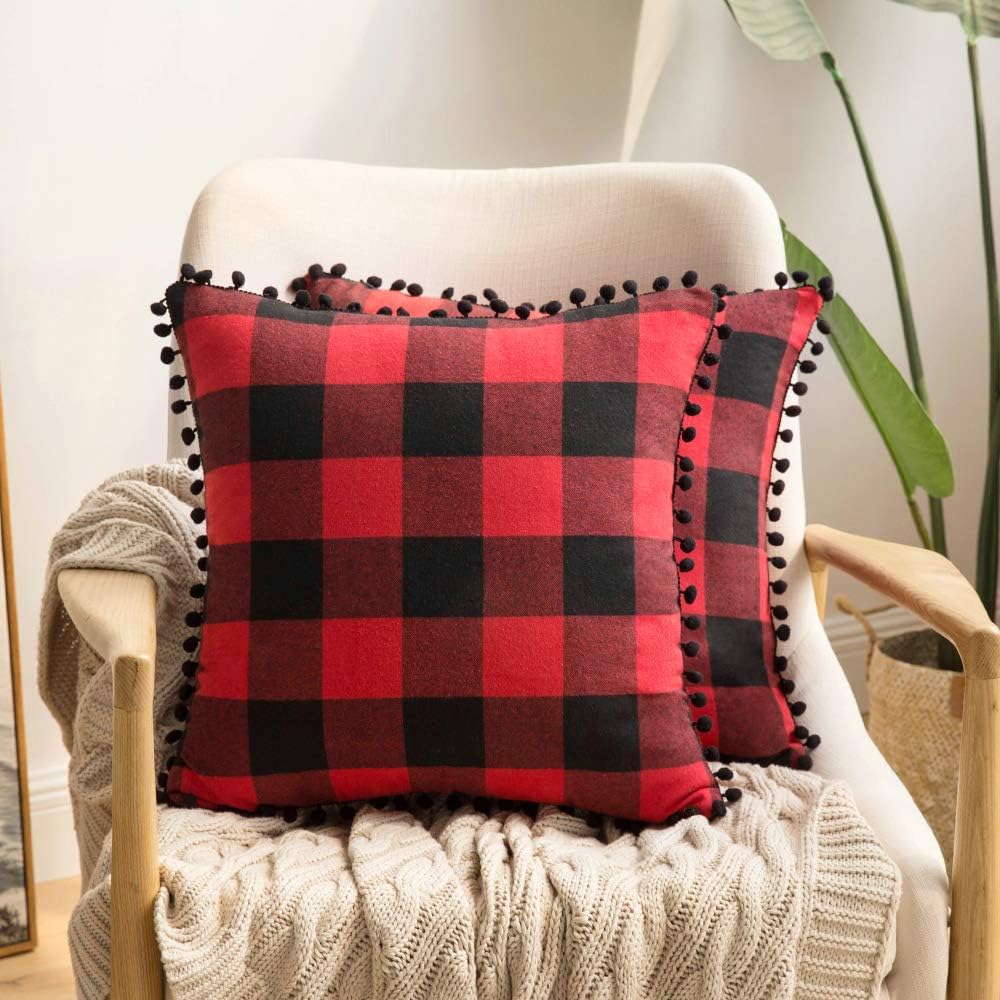 MIULEE Set of 2 Retro Farmhouse Buffalo Plaid Check Pillow Cases with Pom-poms Decorative Throw Pillow Covers Cushion Case for Sofa Couch 20x20 Inch Red and Black : Everything Else