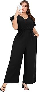 Women Plus Size Jumpsuit Wrap V Neck Ruffle Short Sleeves High Waist Wid...