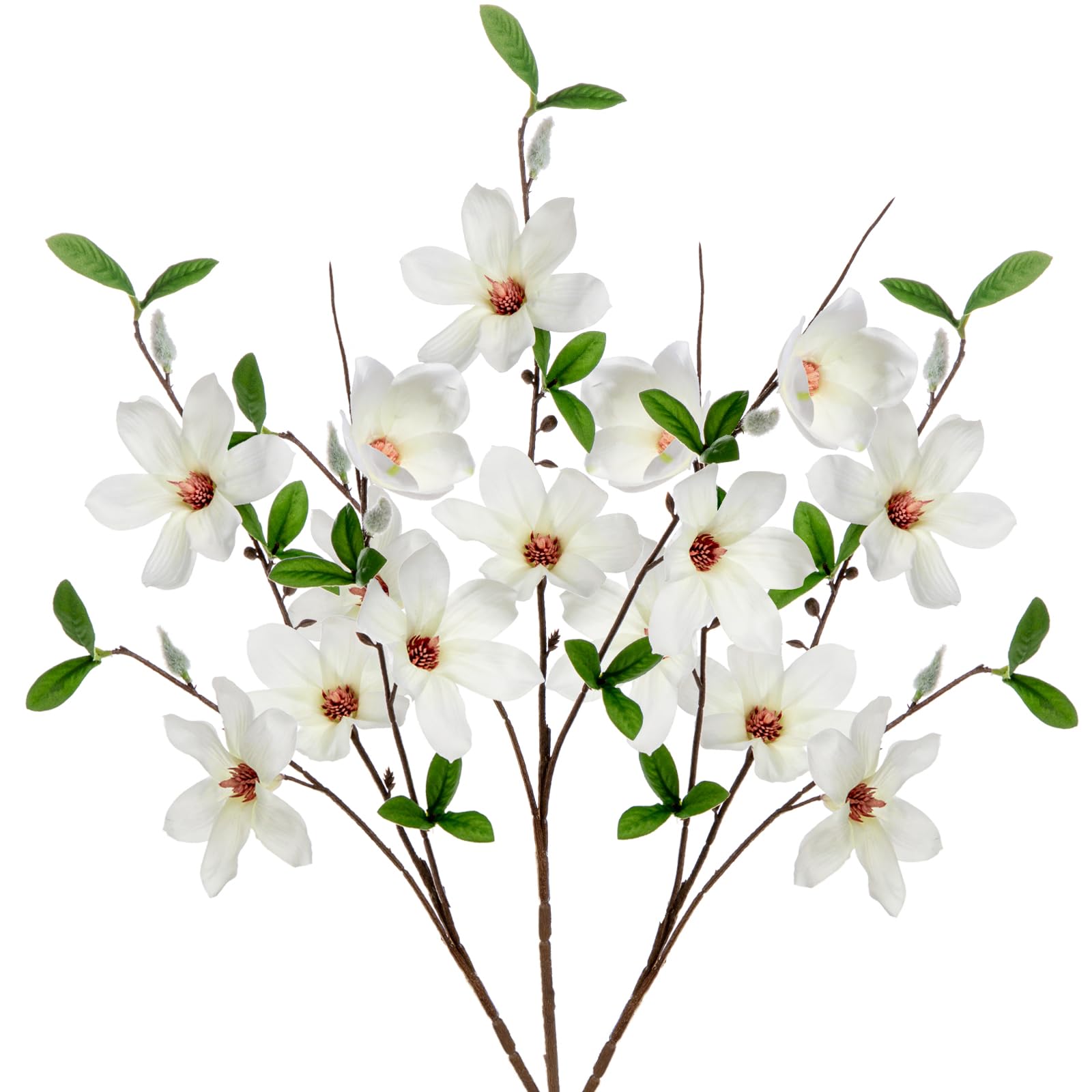 Briful 3er Set Kunstblumen Magnolie Künstlicher Zweig mit Weiß Magnolienblüten Dekoblumen für Blumengesteck Vasen Home Dekoration, Länge 64 cm