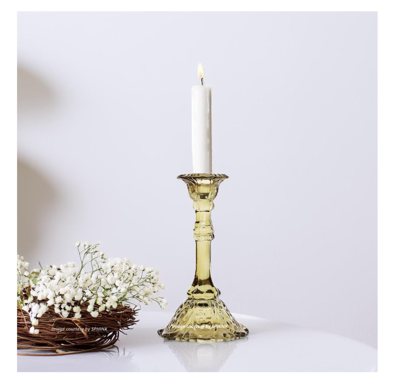 SPHINX Mouthblown Handcrafted Glass Taper Candle Holders, Candle Stand - Centerpiece for Table, for Ganesh Chaturthi, Diwali, and Festive Decorations -Yellow, Height 17 cms/7 Inches, 1 Piece