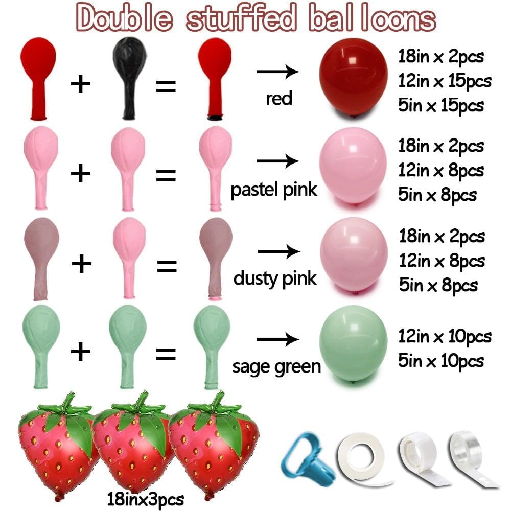 Arco a palloncino a forma di fragola, doppio farcito rosa pastello, rosso scuro, verde, in lattice, kit per baby shower con bacche, primo compleanno, matrimonio, decorazione per feste nuziali